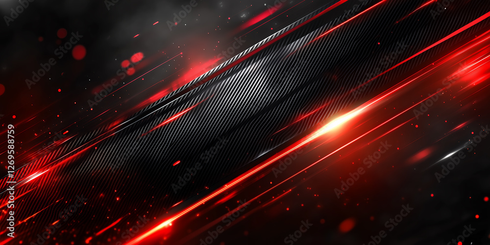 Poster Bright red streaks contrast sharply against a dark carbon fiber technology led light background, creating a fluid and energetic visual effect that evokes motion and excitement.