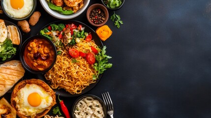 Diverse array of colorful dishes served on a dark table for a vibrant food experience