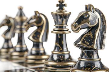 Classic chess set with elegant metal pieces and a high-gloss board isolated on transparent background