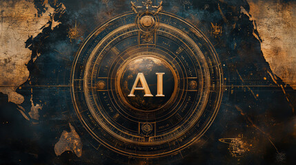 AI surrounded by intricate designs and celestial elements, showcasing technology