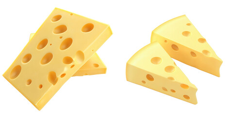 Yellow Cheese Blocks and Slices on White Background for Culinary and Food Illustrations