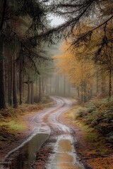 Obraz premium Autumnal forest road, winding path, misty woods, rain puddles