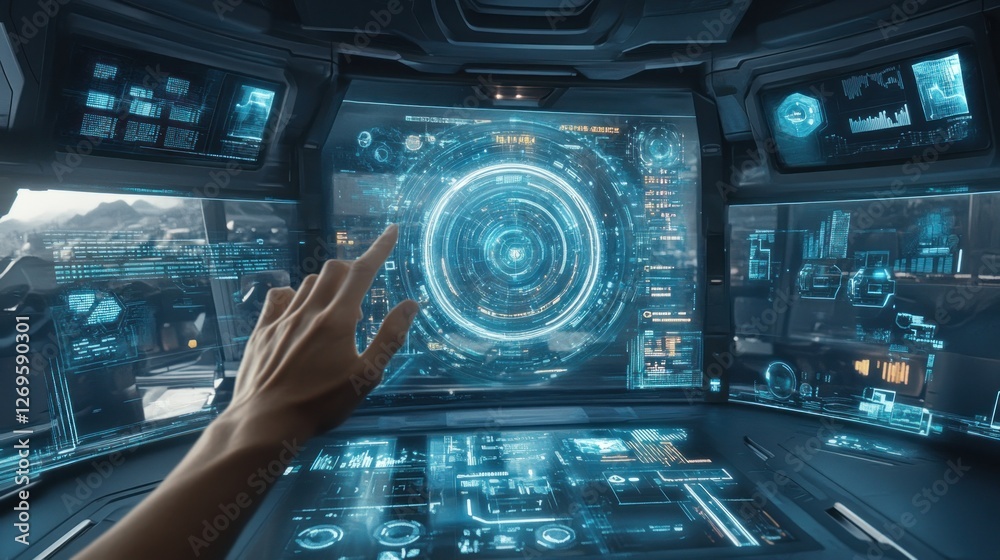 Poster hand interacts with a complex futuristic holographic interface on a cockpit