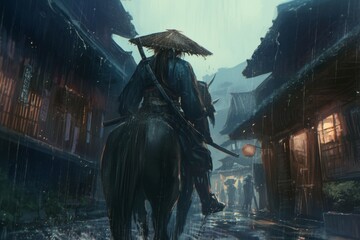 Samurai's Rainy Night Ride Through Old Town