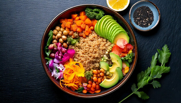 Un vibrante cuenco de Buda lleno de quinua fresca, aguacate, garbanzos asados ​​y vegetales coloridos