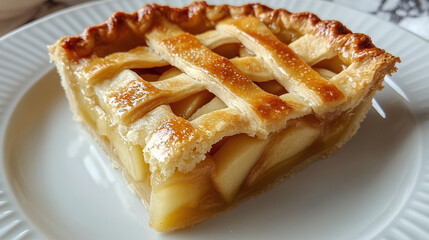 Close-up slice of homemade apple pie with golden lattice crust on a white plate, showcasing a classic dessert with tender apples and a flaky pastry.