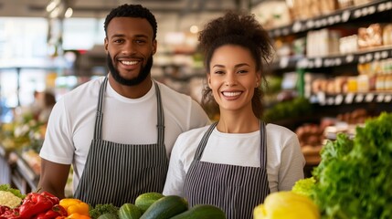 Supermarket employees showcase fresh produce with smiles in bustling grocery store