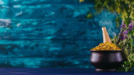 serene apothecary scene featuring mortar and pestle filled with dried herbs, surrounded by fresh lavender and gentle smoke rising, creating calming atmosphere
