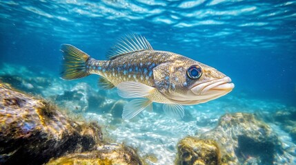 Naklejka premium Cod fish swimming in clear blue waters