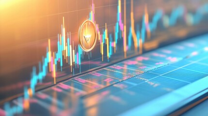 A digital representation of a financial chart with candlestick patterns and a highlighted coin, suggesting market trends and cryptocurrency analysis.