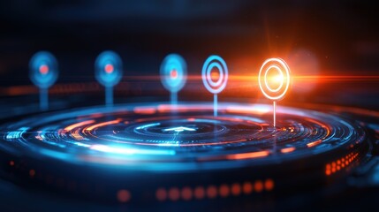 A futuristic digital interface featuring glowing targets and circular patterns, illuminated with vibrant blue and orange lights against a dark background.