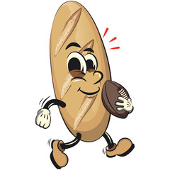 baguette bread cartoon isolated vektor illustration mascot character playing rugby and american football, work of hand drawn