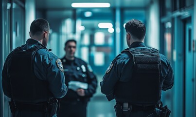 Police officers patrol hallway interior with seriousness.