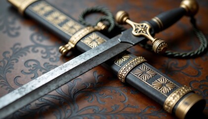 Ornate Parthian sword and scabbard &ndash; regal iron blade with gilded hilt on engraved bronze background