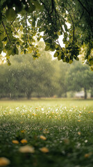 Peaceful park scene with light rain drizzle falling on lush green grass and scattered flowers, with soft mist creating a serene atmosphere Generative AI