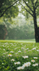 Peaceful park scene with light rain drizzle falling on lush green grass and scattered flowers, with soft mist creating a serene atmosphere Generative AI