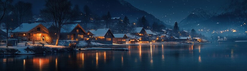 Fototapeta premium Snowy Alpine Village Night Lights Lakeside Reflections