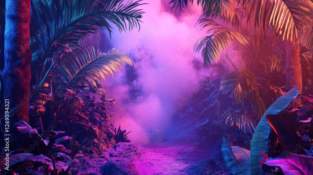 Poster neon jungle path surrounded by palm trees and mist