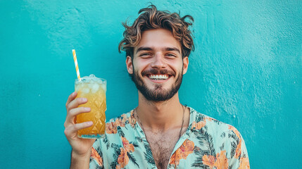 Smiling young man holding a refreshing ice tea drink against a turquoise background, summer lifestyle concept with healthy beverage, cheerful and relaxed attitude.