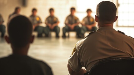 Fototapeta premium Uniformed individuals seated in a meeting space.