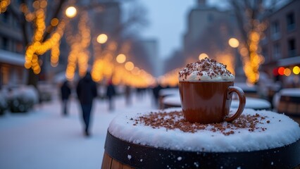 Naklejka premium Family skating day, Urban ice park decorated lights hot chocolate on a barrel.