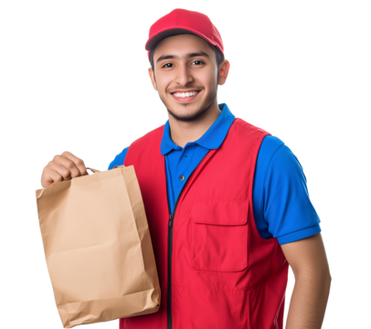 Hispanic delivery man smiling while holding a paper bag wearing a red vest and cap isolated on transparent background. 