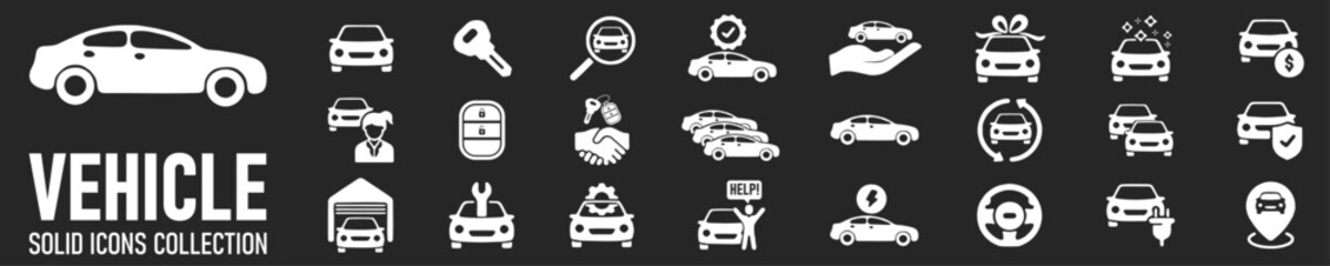 Car vehicle solid icons collection. Containing car dealer, keyless, garage, electrical vehicle etc icons. For website marketing design, logo, app, template, ui, etc. Vector illustration. Automobile