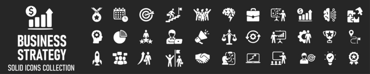 Business strategy solid icons collection. Contain such icons as strategy, teamwork, organization, finance etc icons. For website marketing design, logo, app, template, ui, etc. Vector illustration.