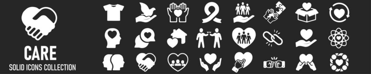 Charity and care solid icons set. Collection of hands, donations, hearts, unity and more. Vector illustration.