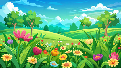 Fototapeta premium Lush green field surrounded by blooming flowers under a bright summer sky, Summer, field, green, nature, grass, flowers