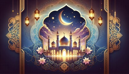 Eid festival night with glowing lanterns crescent moon and grand mosque golden islamic background for celebration greeting and invitations