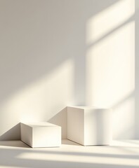 Minimalist white podiums, sunlit room, display, product presentation