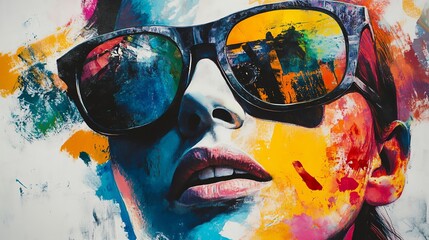 A vibrant and colorful portrait of a woman wearing sunglasses, reflecting artistic creativity and bold expression.