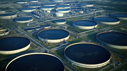 Aerial View of Extensive Oil Storage Tanks and Refinery