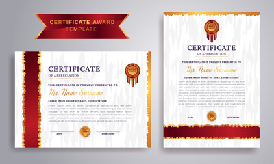 Premium certificate of achievement template featuring gold and red colors, clean modern design, gold badge, and an elegant line pattern border.