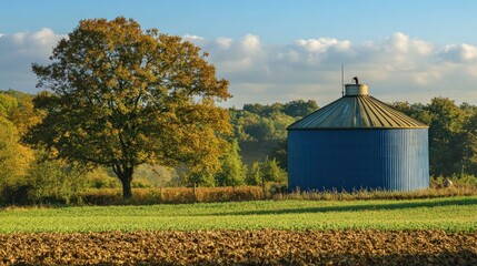 Blue silo stands in a field next to an autumn tree