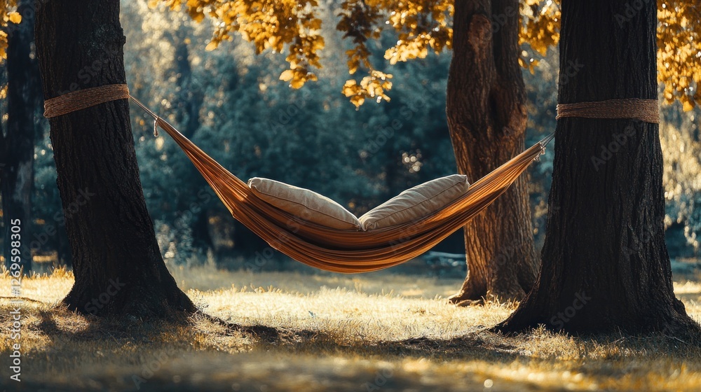 Aufkleber Hammock with pillows is stretched between the trees outside