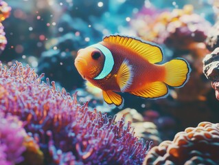 Orange and White Clown Fish in Coral Reef