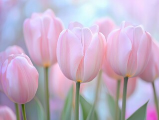 Pink tulips bloom in a garden during spring with soft pastel background light