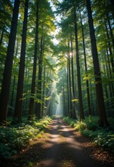 Obraz premium Peaceful forest path leading through dense, moss-covered trees, with slight fog creating an ethereal, mysterious atmosphere Generative AI