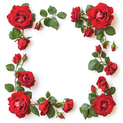 Frame of luxurious red roses in full bloom, with soft petals and green leaves, cut out isolated on white background full depth of feild.