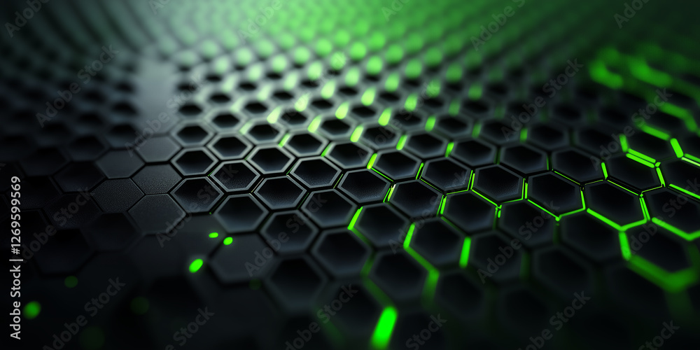 Fototapete honeycomb pattern features hexagons in shades of black and vibrant green led lights , creating a visually engaging texture. modern digital computer gaming background