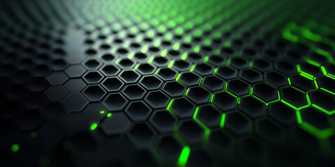 honeycomb pattern features hexagons in shades of black and vibrant green led lights , creating a visually engaging texture. modern digital computer gaming background