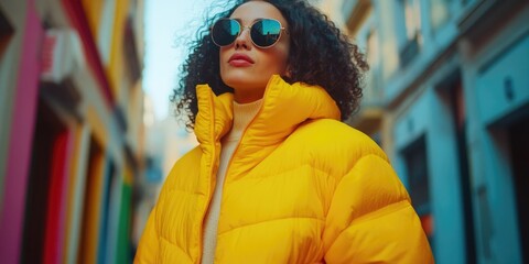 Obraz premium Woman Wearing Yellow Jacket and Sunglasses