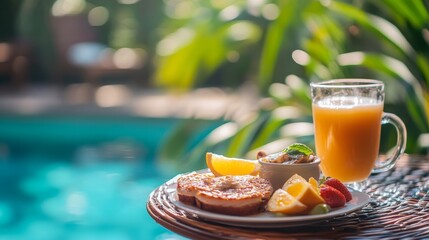 Breakfast on resort on swimming pool on composition background