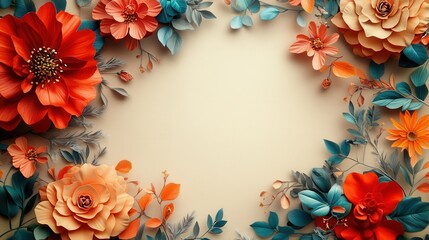 Vibrant arrangement of abstract floral shapes in red, orange, and teal hues with a light beige center for promotional text