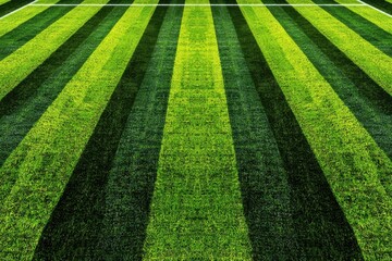 A vibrant, striped green field of artificial turf, featuring alternating dark and light shades, ideal for sports and recreation.