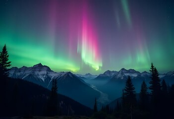 Aurora borealis. Northern lights in winter mountains. Sky with polar lights and stars. Stars reflection in lake water
