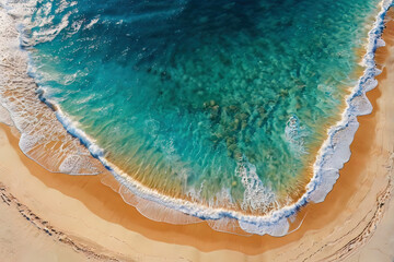 Aerial top view of sea beach with beautiful turquoise wave color and sand with little white wave in travel destination paradise relax peaceful nature landscape environment