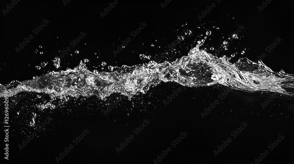 Poster Ripples of water create mesmerizing patterns against a stark black background, as droplets leap and collide with grace. The dynamic energy captures the essence of fluid movement